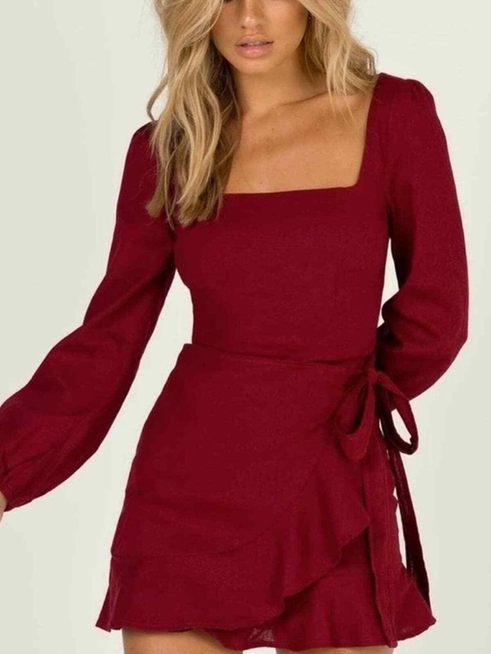 Princess Polly Dresses & Skirts - Princess Polly The Villa Mini Dress Burgundy Long Sleeve Ruffle Size 6